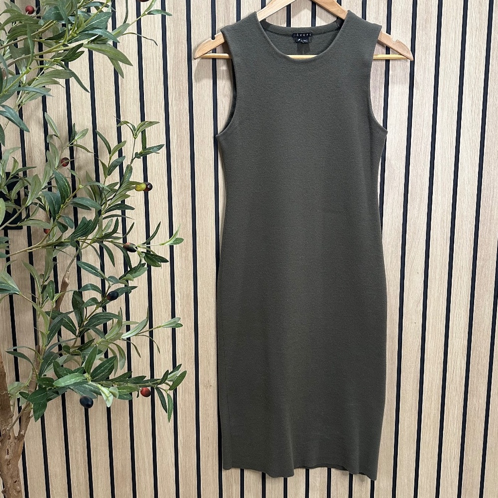 Theory Sleeveless Wool Midi Dress – Size M – Classic Olive Green